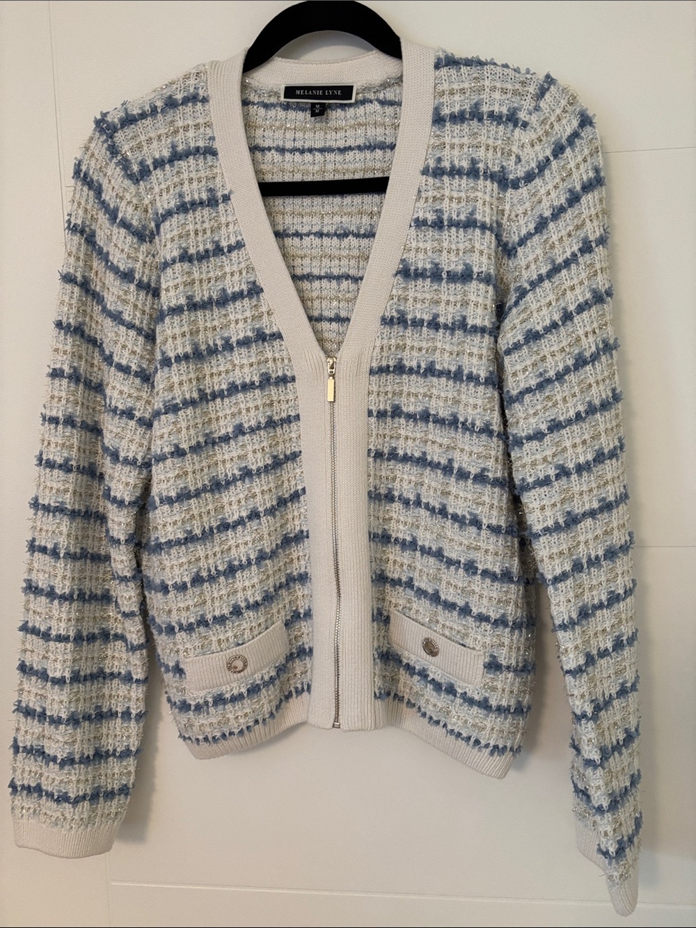 Michele Rose Cream & Light Blue Striped Zip Cardigan
